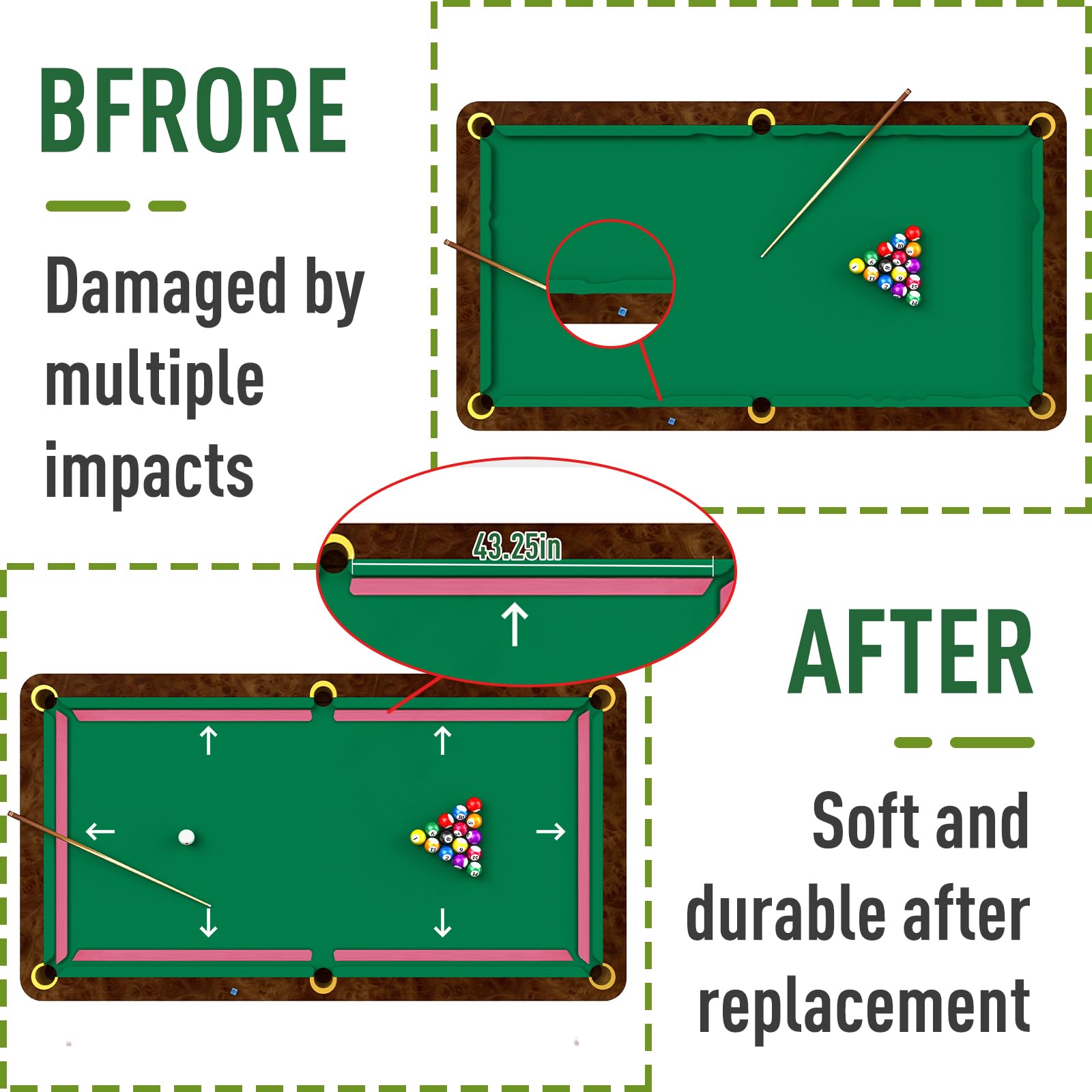 Amylove 6 Pack K66 Rubber Bumpers Pool Table Bumpers Replacement Pool Table Rail Cushions Billiard Rail Rubber Cushions 8 Foot for Billiard Pool Table