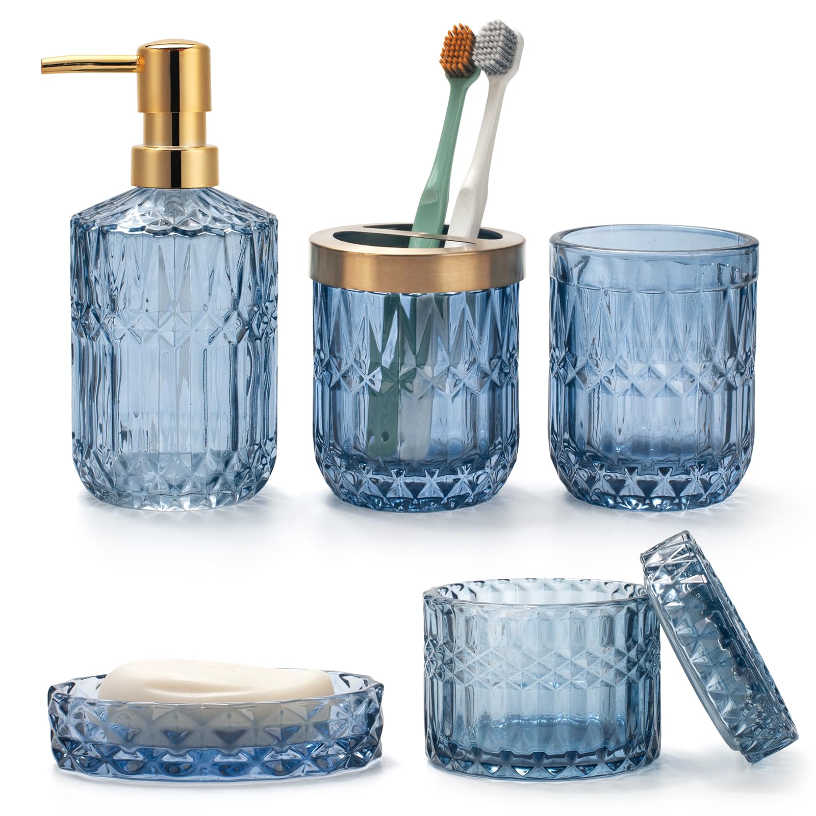 5PCS Blue Glass Bathroom Accessories Sets of Lotion Dispenser, Soap Dish, Toothbrush Holder, Tumbler, Cotton Swab Jars, Modern Bath Decor, Vintage
