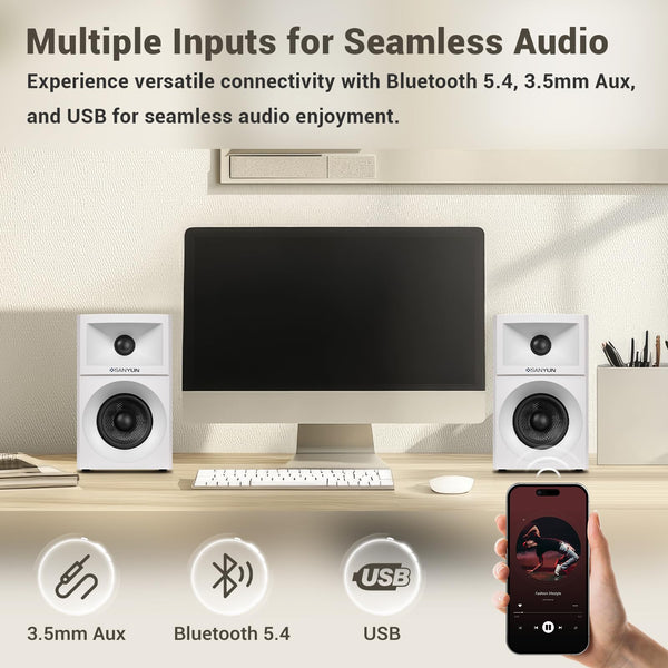 Sanyun SW203 4.0 Computer Speakers - 60W 4-Way DSP Control 3D Immersive Sound - 3" Carbon Fiber Woofer & 20mm Silk Dome Tweeter - 24bit DAC USB/Bluetooth 5.4/AUX - Studio-Grade Audio (Pair, Black)