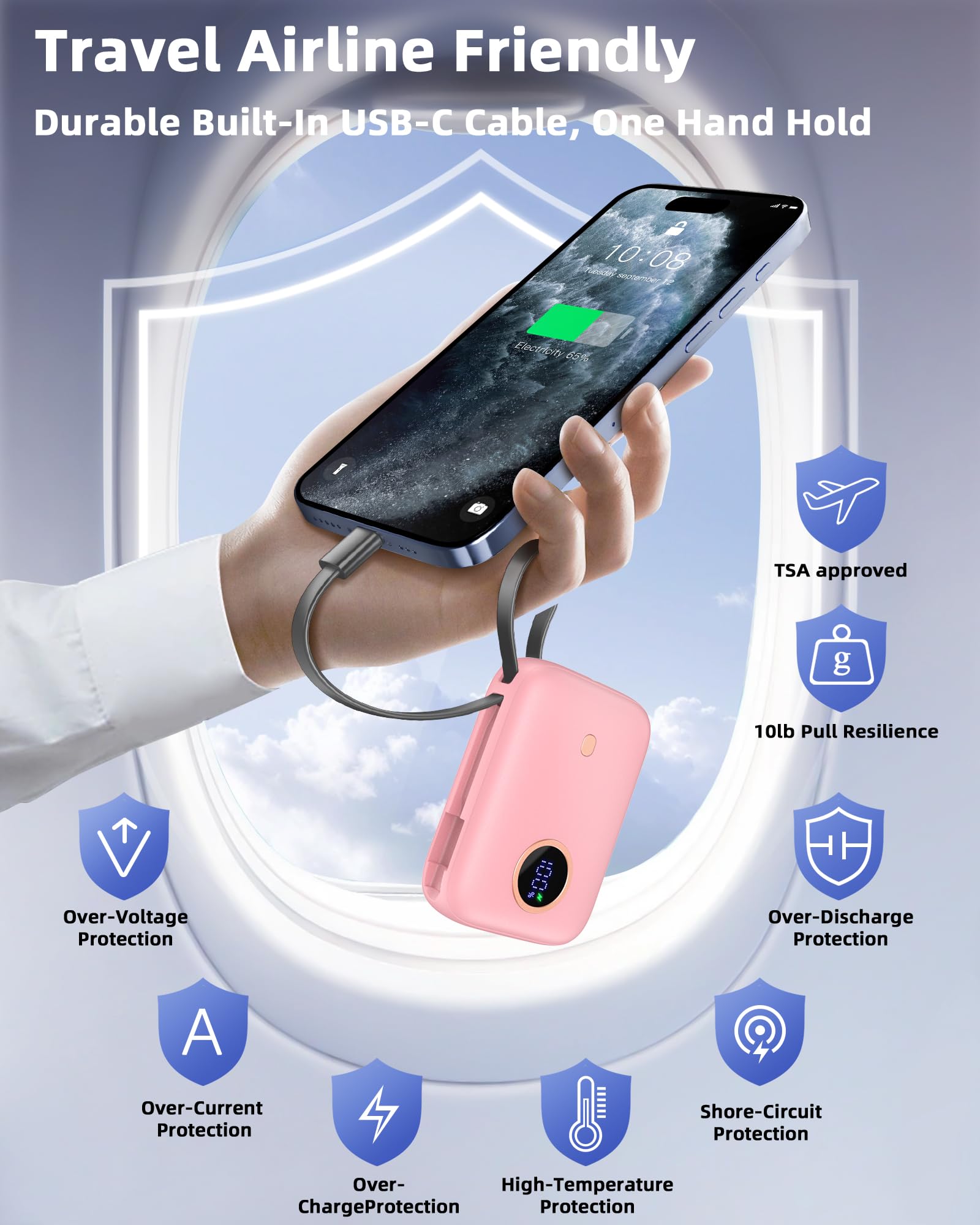 Power Bank Fast Charging 10000 mAh, 22.5W PD QC3.0 High-Speed Portable Charger, PowerBank With Built In Cable USB C, Pocket-Sized Battery Pack for iPhone 16/15, Samsung S23/S24 and More (Jet Black)