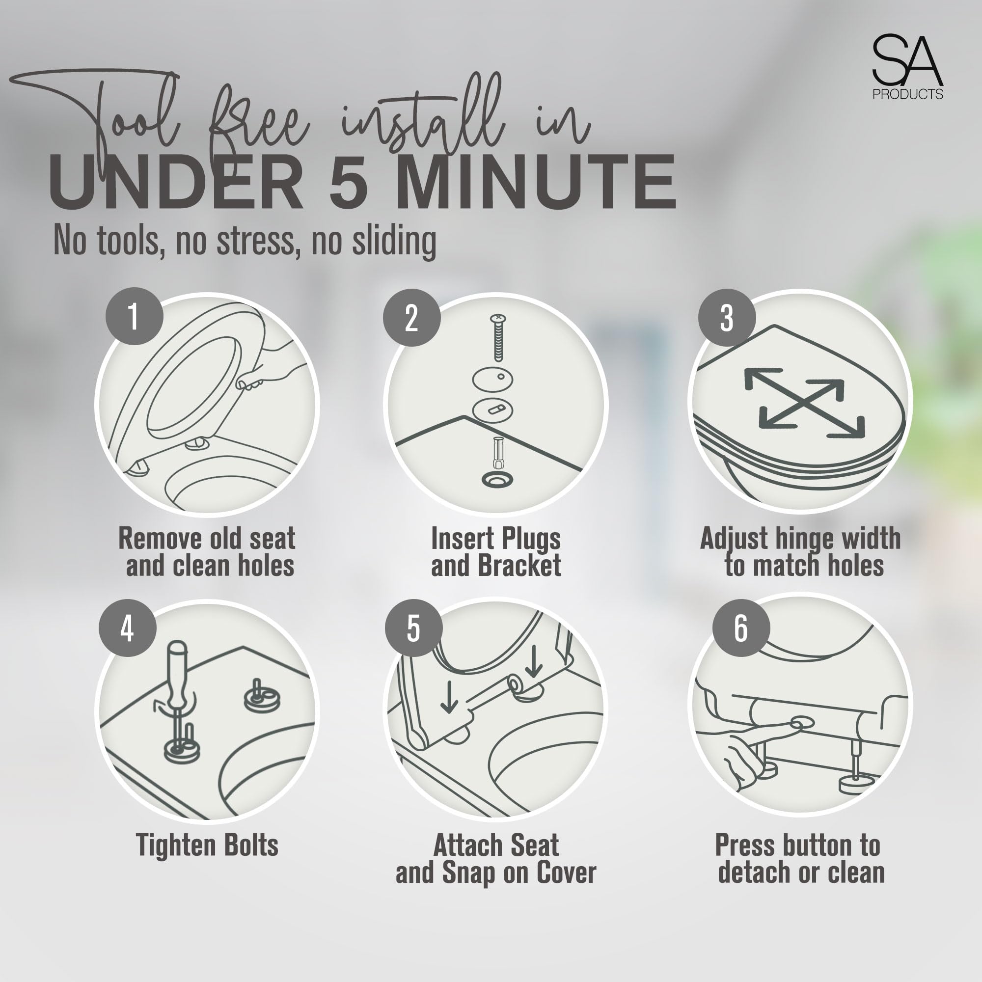 SA Products Quick Release Toilet Seat - with Soft Close & Quick Release Hinges for Easy Cleaning - Universal Bathroom Bowl Seating with Thermoset Lid, ABS Cylinder, Fixings - 44.1x36.5x5cm, White