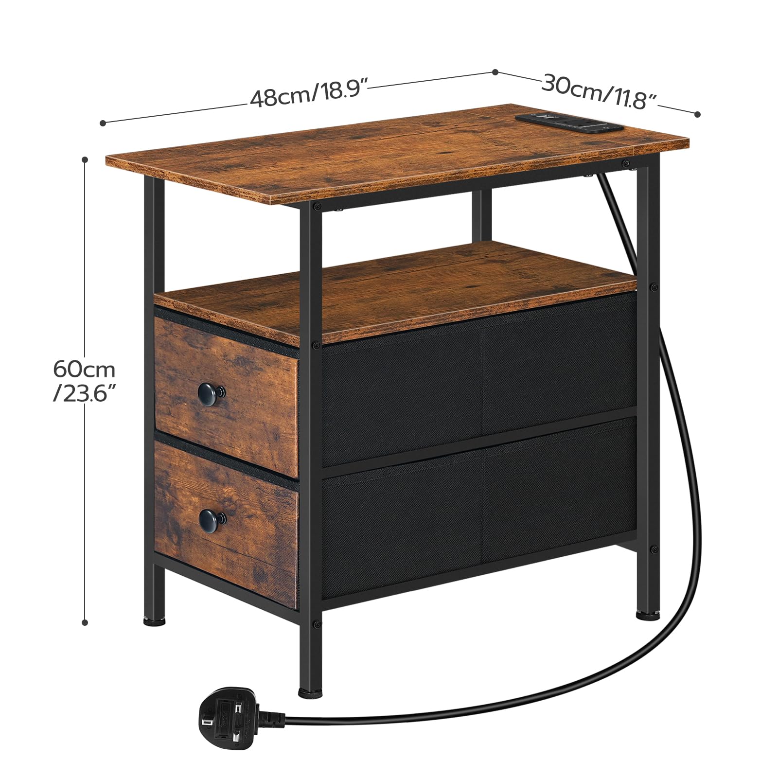 HOOBRO Narrow Bedside Table with Charging Station, with 2 Non-Woven Drawers, Slim Side Table with USB Ports and Power Outlets, Narrow Side Table for