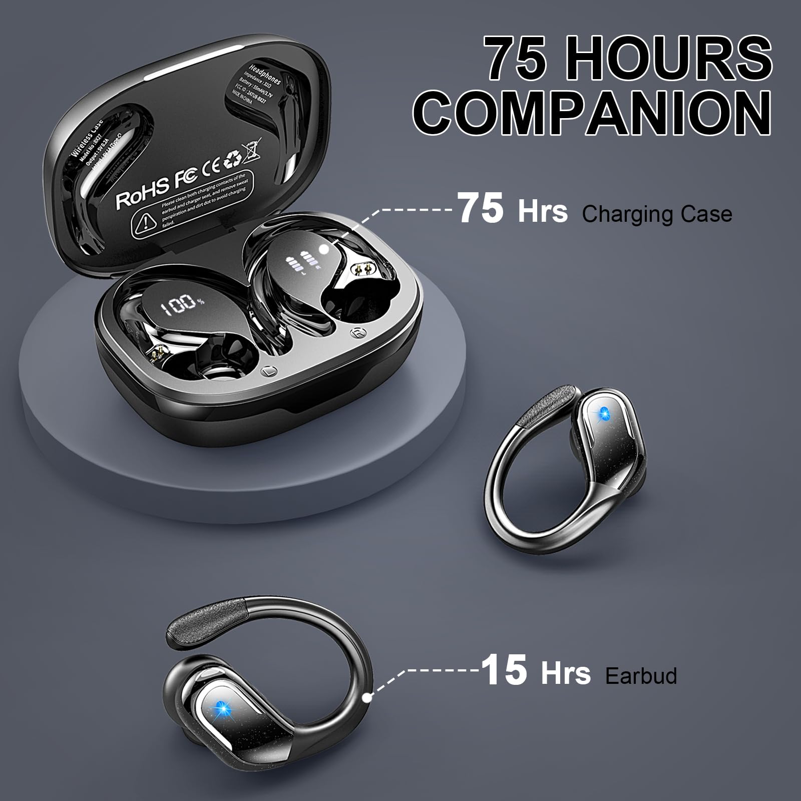 Wireless Earbuds, Bluetooth 5.4 Headphones with ENC Mic, 75H Stereo Noise Cancelling Ear Buds, Wireless Headphones with Sports Earhooks, LED Display, IP7 Waterproof Bluetooth Earphones for Running Gym