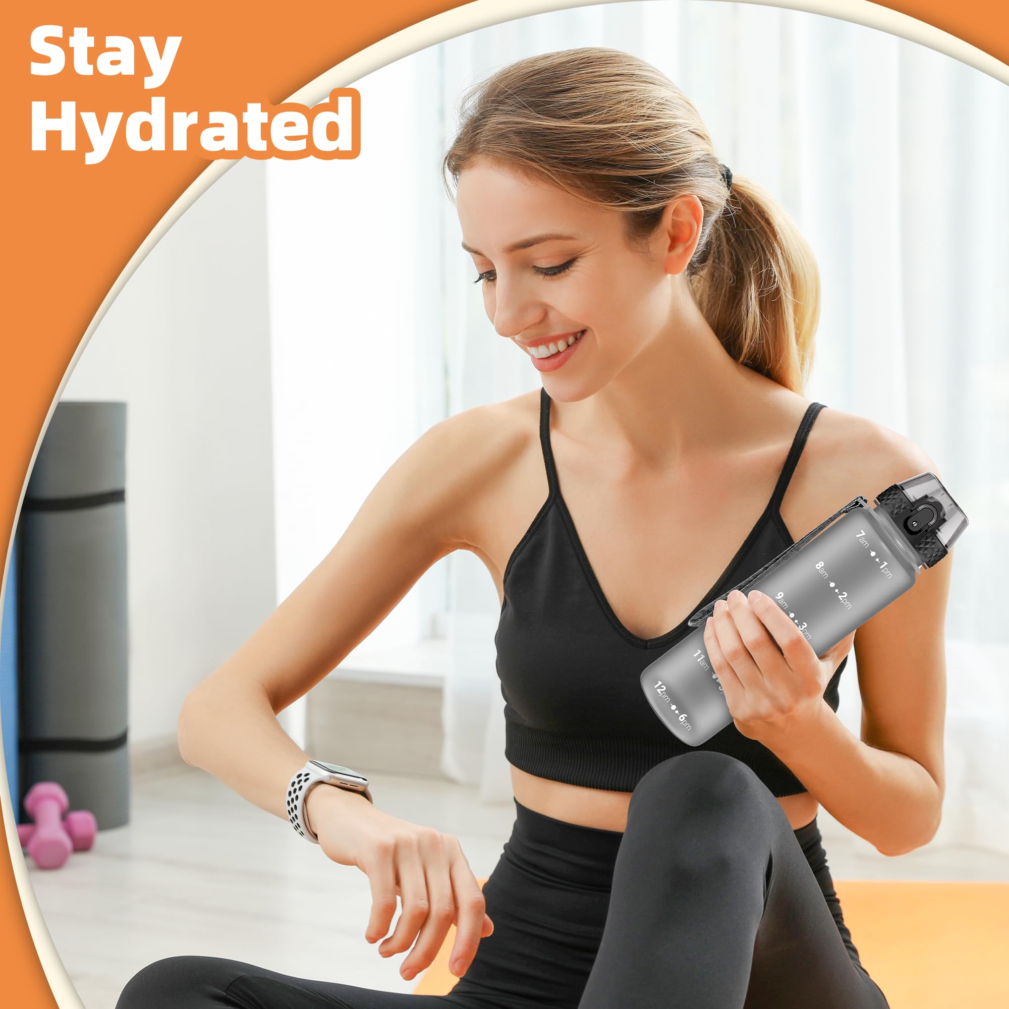 OLDLEY 1L/32oz Sports Water Bottle, 1000ml Motivational Drinks Bottle with Time Markings Leak Proof Drink & Lock Cover & No Straw, BPA Free for Adults Women Men Gym School Cycling Running Hiking