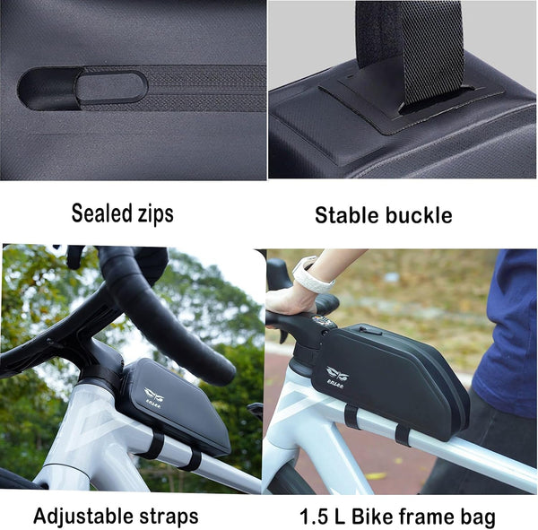 Bike Top Tube Bag - 1.5L Waterproof MTB Front Frame Bag fits Cycling Road Gravel Bikes E-Bike, Bicycle Crossbar Pouch for Phone Cash Tool