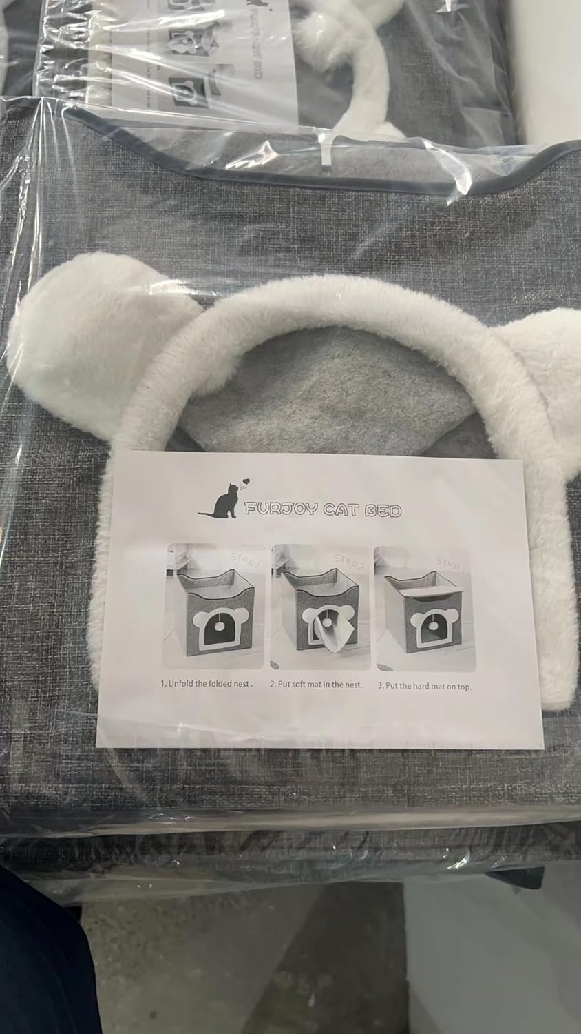 Furjoy Cat Beds, Large Cat Cave for Pet House with Fluffy Ball Hanging and Scratch Pad, Houses & Condos, Cubes, Hideaway, Covered Bed for Multi Small Pet Large Kitty