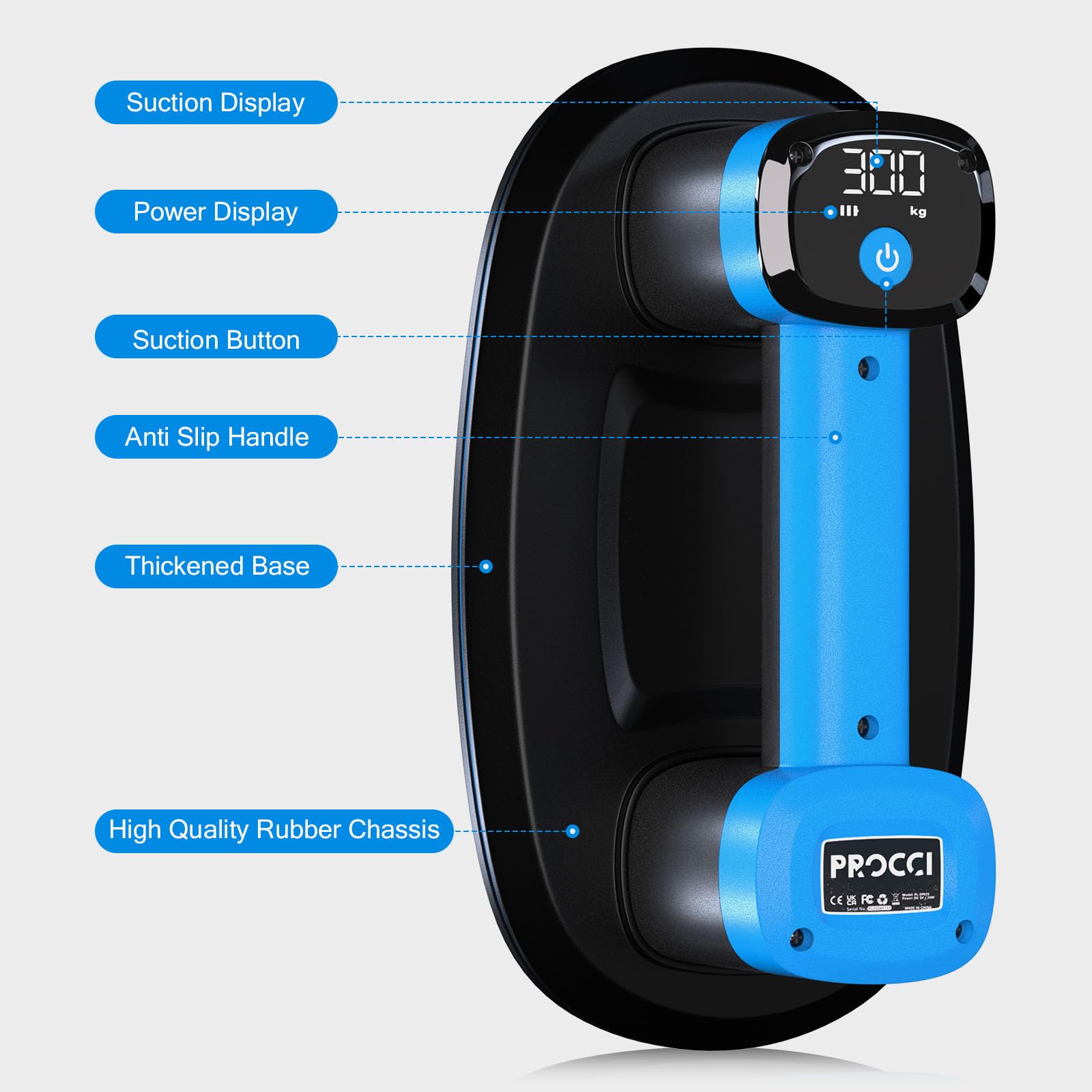 Procci Electric Battery Suction Cup – Cordless Vacuum Lifter for Tiles, Glass, Marble – Dual Motors, 300 KG Suction, LCD Display, 4500mAh Battery, 12h Runtime – for Smooth & Lightly Textured Surfaces