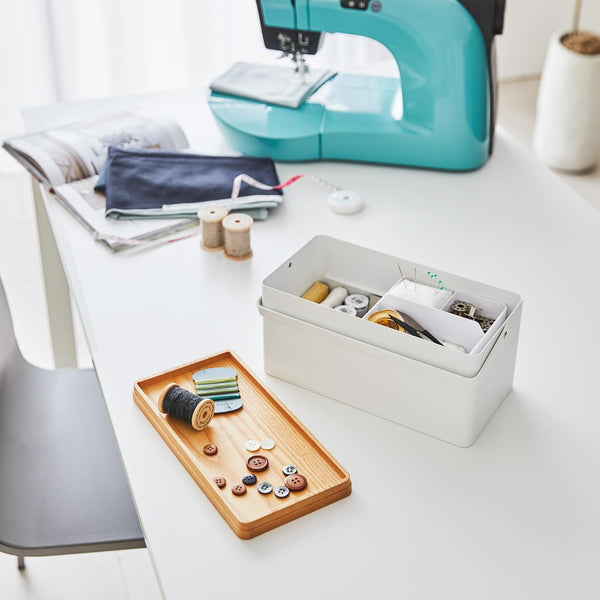 YAMAZAKI 5060 TOWER Sewing Box, White, Steel/Wood/ABS Resin/Cotton/Polyester, Minimalist Design, 27 x 14 x 13.5 cm (LxWxH)