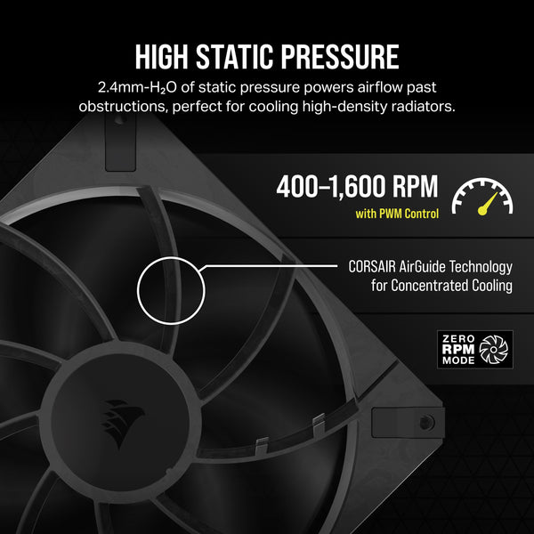 Corsair RS120 MAX 120mm PWM Thick Fans – High Static Pressure – Liquid Crystal Polymer Construction – Triple Pack – Black