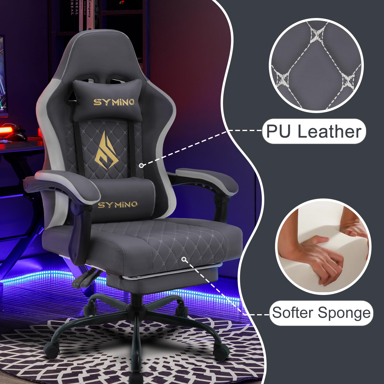 Symino Gaming Chair with Footrest, Computer Ergonomic Video Game Chair, Adjustable Swivel Task Chair with Lumbar Support, PC Chair, Office Chair PU Leather, Grey&White