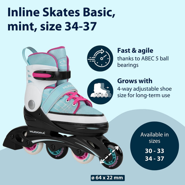 HUDORA Inline Skates Basic in blue/mint - Inliner for children & teenagers in various sizes - Roller skates adjustable up to 4 sizes - Ideal as entry