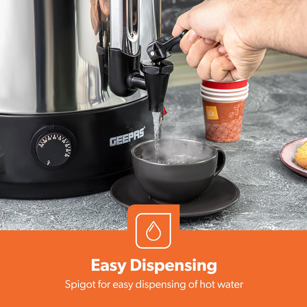 Geepas Electric Catering Urn, 1650W Instant Hot Water Boiler Dispenser - Tea Urn Kettle Home Brewing Commercial Office Use with Keep Warm - Easy Pour Tap, 15 Litre, Stainless Steel – 2 Year Warranty