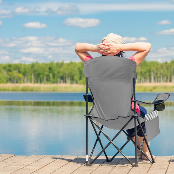Voyager Folding Camping Chairs 2 Pack with Cooler Bag, Lightweight Q195 Steel Frame, 600D Oxford Fabric, Portable & Comfortable - Black (Black, Padded)