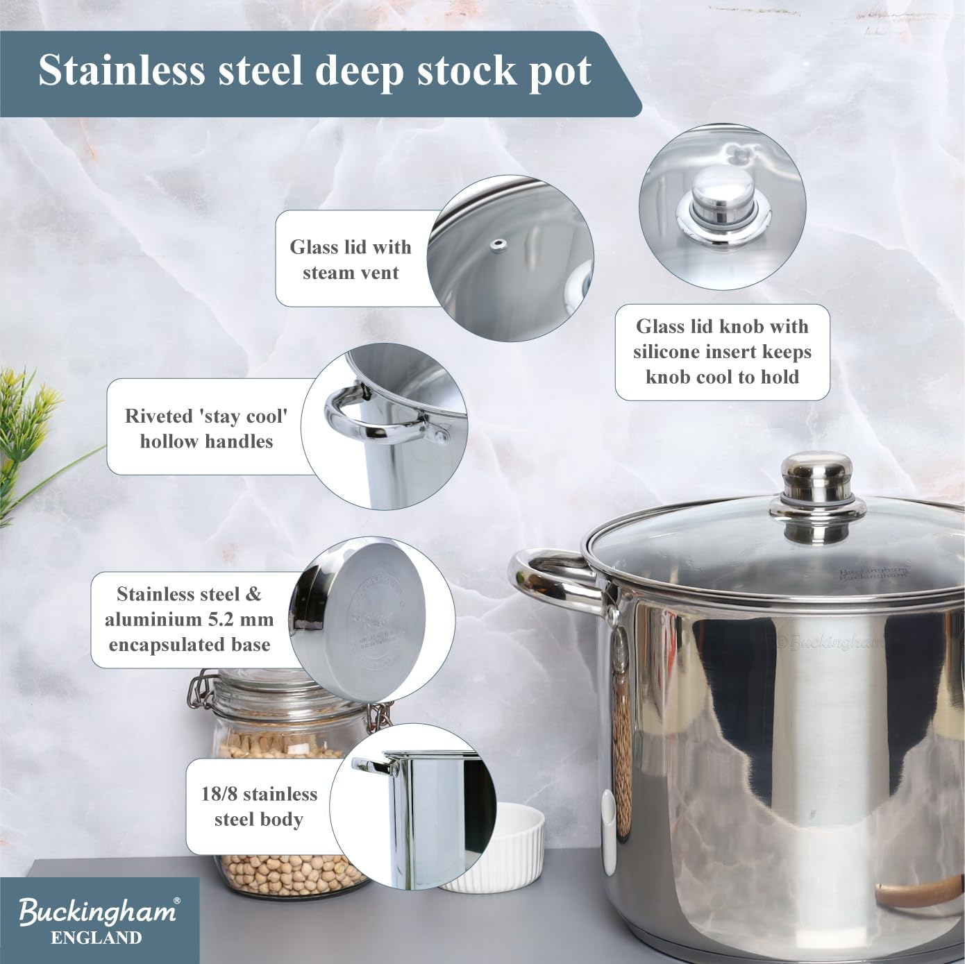 Buckingham Stainless Steel Stock Pot with lid Multipurpose Large Cooking Pot for Soups Stews (11 Litre)