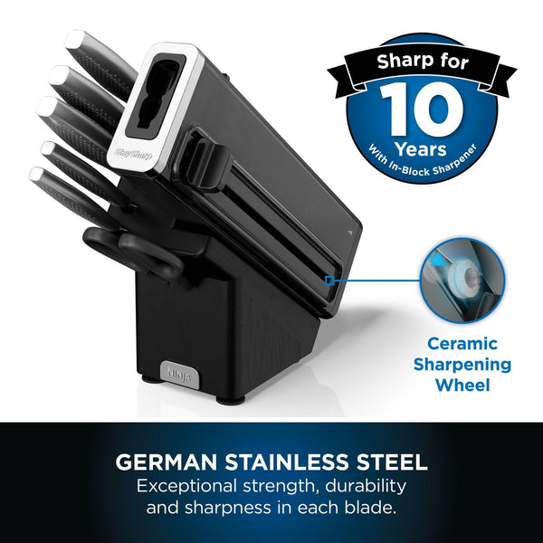 Ninja Foodi StaySharp Knife Block with Integrated Sharpener, 5-Piece Knife Set includes Chef, Bread, Slicing, Utility, Paring Knives, Stainless Steel K32005UK, Black