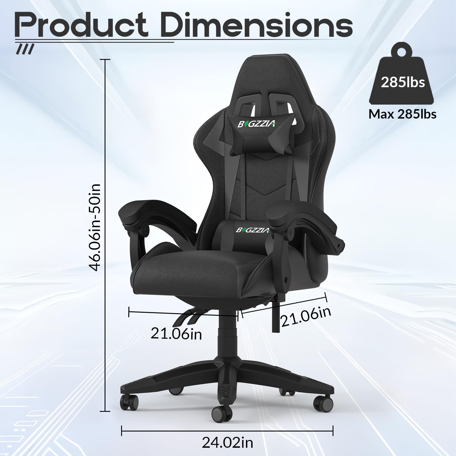 Gaming Chair, Ergonomic Gaming Chair with Heated Seat, Height Adjustable Reclining Video Game Chair with Headrest and Lumbar Support, Big and Tall Gaming Chair for Adults (Basics, Black/Grey)