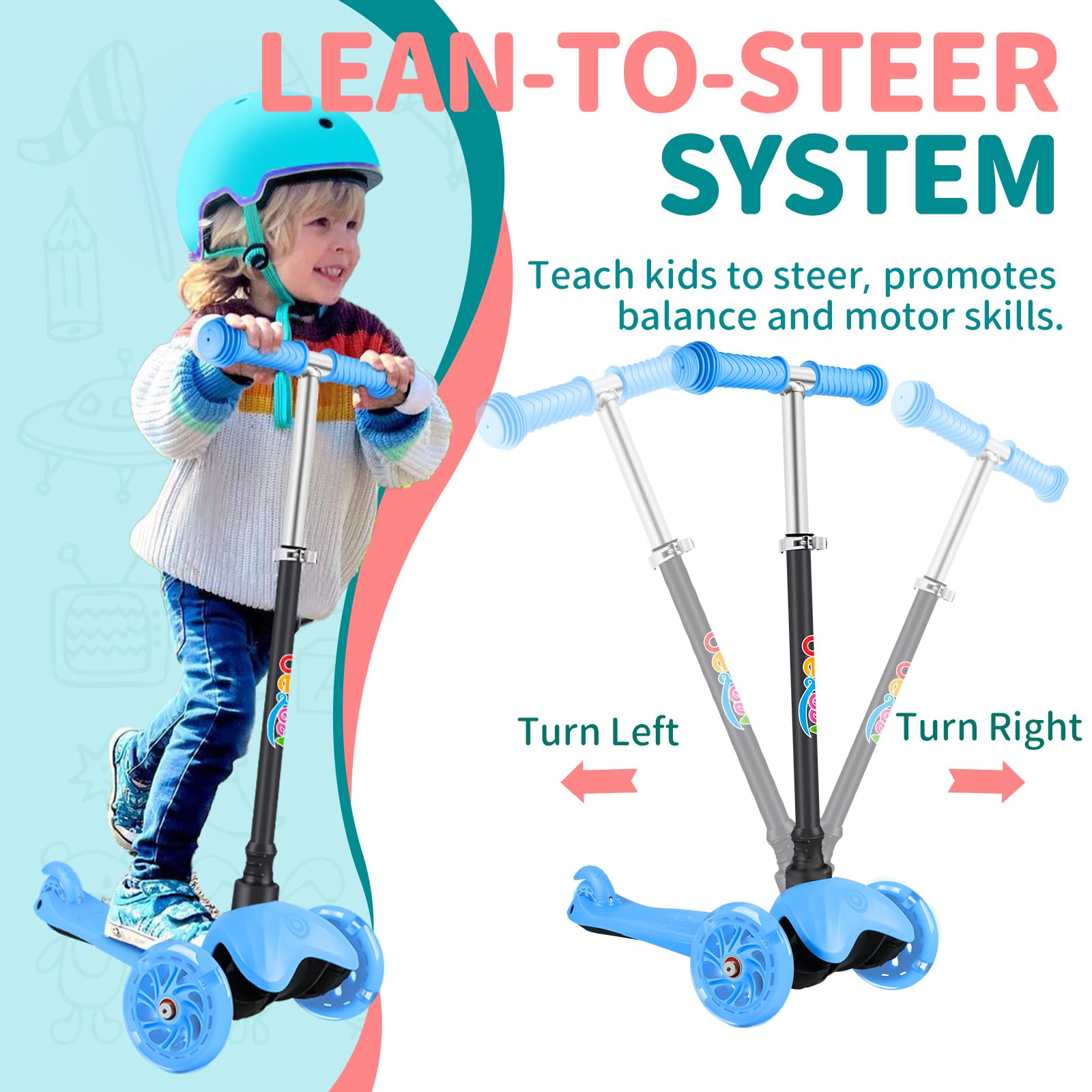 BELEEV Scooter for Kids Ages 2-6, 3 Wheel Scooter for Children Toddlers Girls Boys, Light-Up Wheels, 4 Adjustable Height, Lean to Steer, Non-Slip