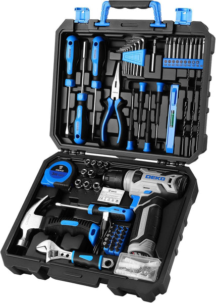 Tool Kit: DEKO Drill Set with Cordless Drill, Tool Kit Set Box, DIY Hand Tools for Men and Home, with 8V Electric Drills Blue,126 Pieces