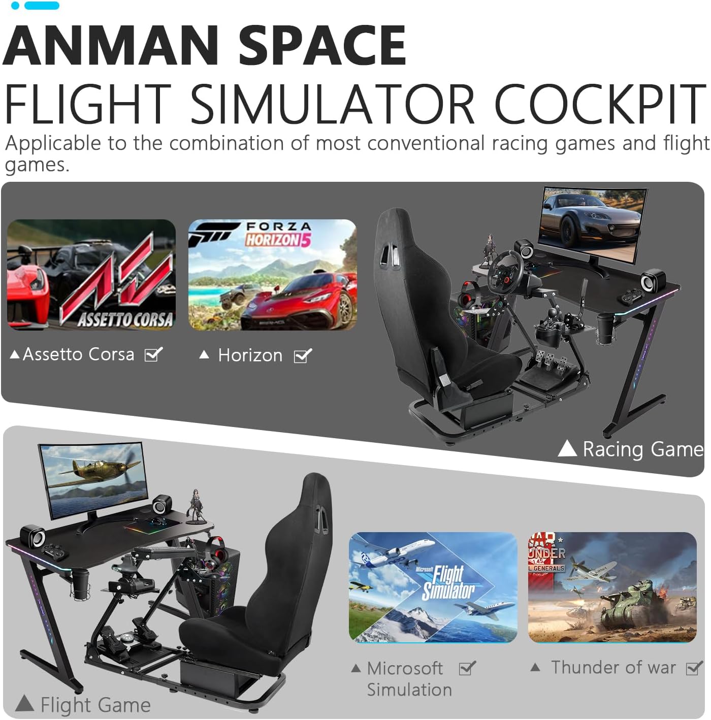 Anman G29 Foldable Racing Simulator Cockpit Flight Panel Fit For Thrustmaster,Fantec,Logitech, G920, G923 Equipped With Race Seat Bracket Not Included Shifter Hand Brake Wheels and Pedals