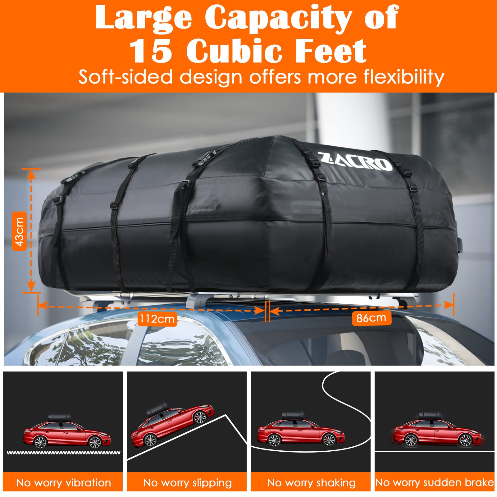 Zacro Car Roof Bag 425 Litres 15 Cubic Feet Cargo Bag, Foldable and Waterproof Car Top Carrier, Straps for Any Car with Roof Rack or No Rails