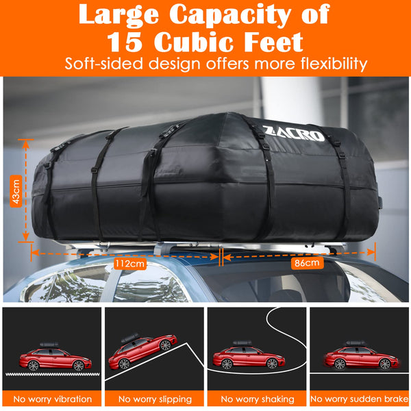 Zacro Car Roof Bag 425 Litres 15 Cubic Feet Cargo Bag, Foldable and Waterproof Car Top Carrier, Straps for Any Car with Roof Rack or No Rails
