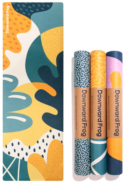 Downward Frog Printed Yoga Mat for Bikram, Hot Yoga, Fitness & Pilates - Light, Foldable, Travel Mat - Eco Natural Rubber, Vegan, Microfibre Towel