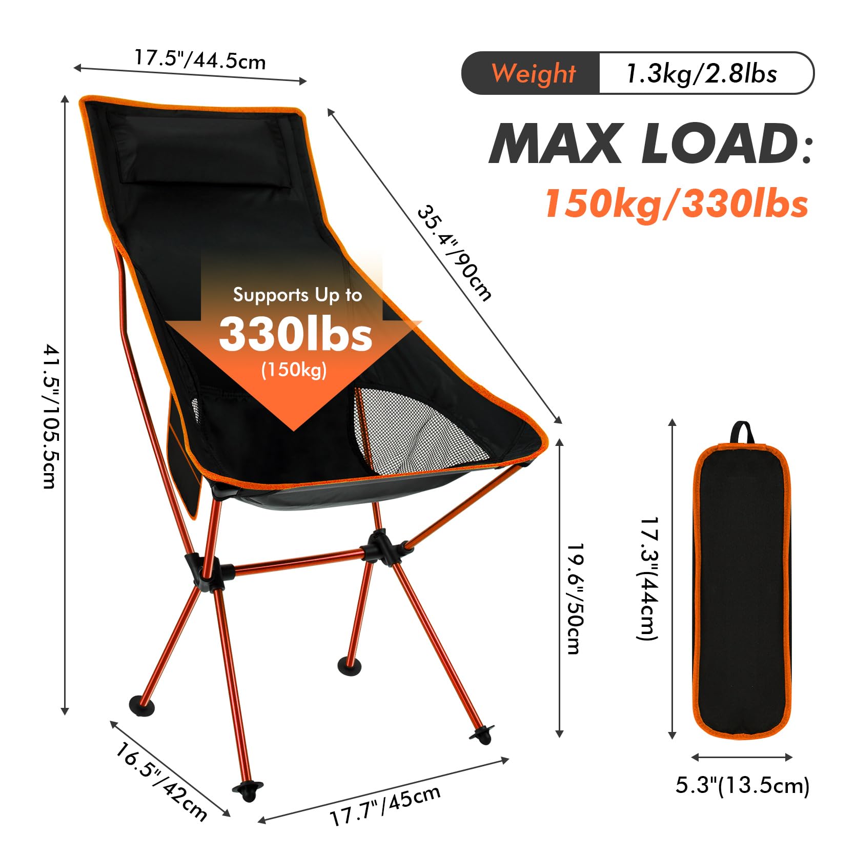 SOPPY Folding Camping Chair Ultra Lightweight, Portable Backpacking Chair, Heavy Duty 135kg Capacity, Outdoor Chairs with Carry Bag for Camping, Garden, Fishing, Beach,BBQs - Orange