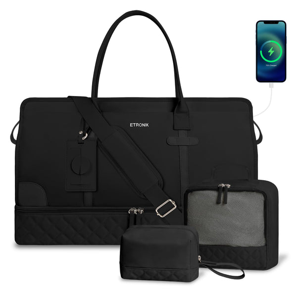 ETRONIK Weekend Overnight Bag for Women, Large Travel Duffle Bag with Shoe Compartment & Wet Pocket, Carry On Tote Bags Gym Duffel Bag with Toiletry Bags for Hospital 3 Pcs Set, Black