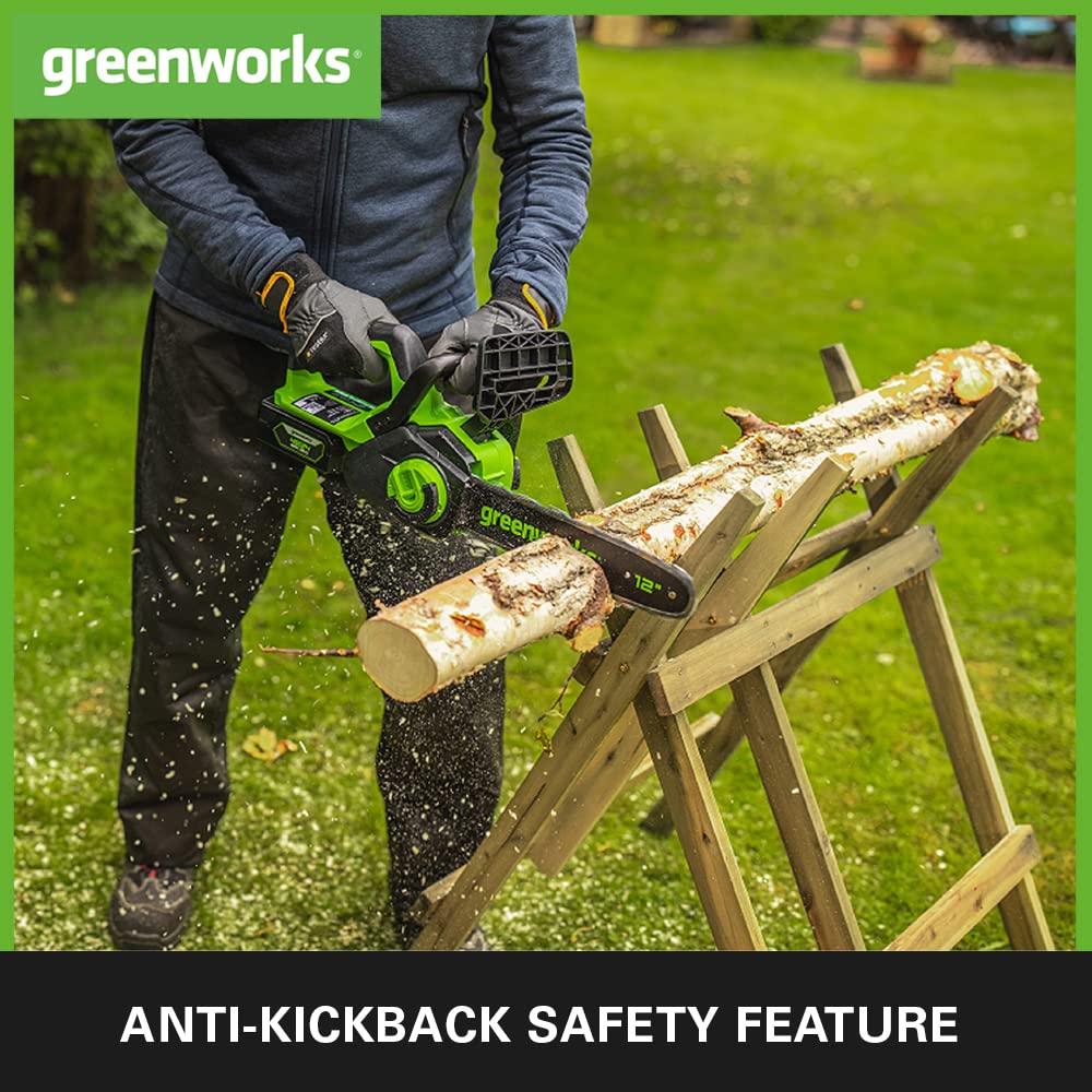 Greenworks GD24CS30K4 Cordless Chainsaw with Brushless Motor, 30cm Bar Length, 7.8m/s Chain Speed, Auto-Oiler, Kickback Protection, 24V 4Ah Battery & Charger, 3 Year Guarantee