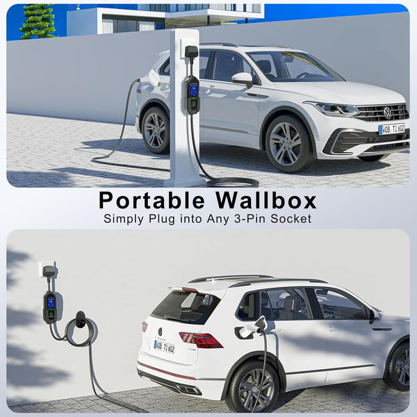 Ev Charger Cable Type 2 to 3 Pin UK Plug 10M/32.8ft, 3KW 13A with Adjustable Current, Includes UI Display Screen, Storage Bag & Wall Mount