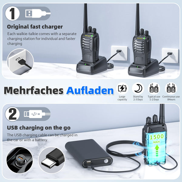 JUCJET Walkie Talkies 2023 Upgraded 88E Walkie Talkie Long Range for Adults with Earpieces, 16 Channel Handheld 2 Way Radio Rechargeable with Flashlight Li-ion Battery and Charger(4 Pack)