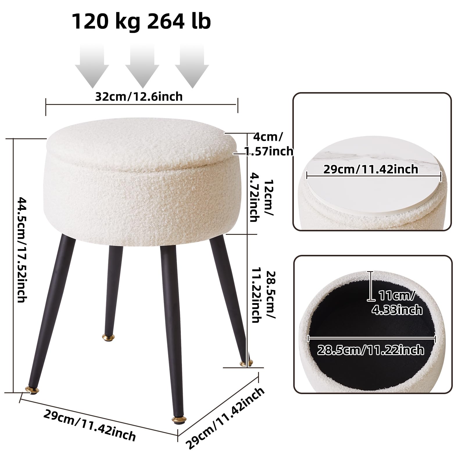 Aibiju Round Footrest Stool with Storage, Faux Teddy Fur Dressing Table Chair, Makeup Vanity Stool Side Table with Metal Legs for Bedroom, Living
