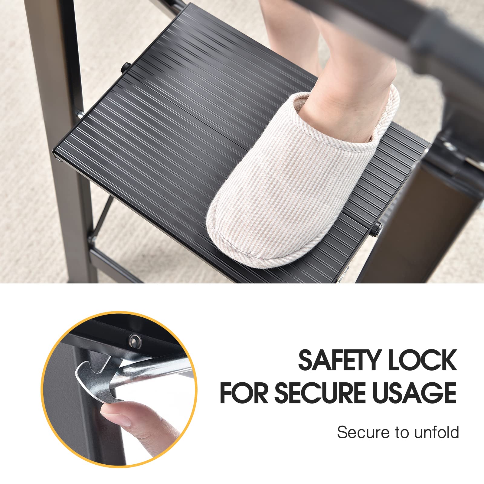 KINGRACK 2 Step Ladder with Handrail, Non-Slip Household Ladder with Folding Safety, Aluminium Folding Step Stool, Maximum Load 150 kg, Black