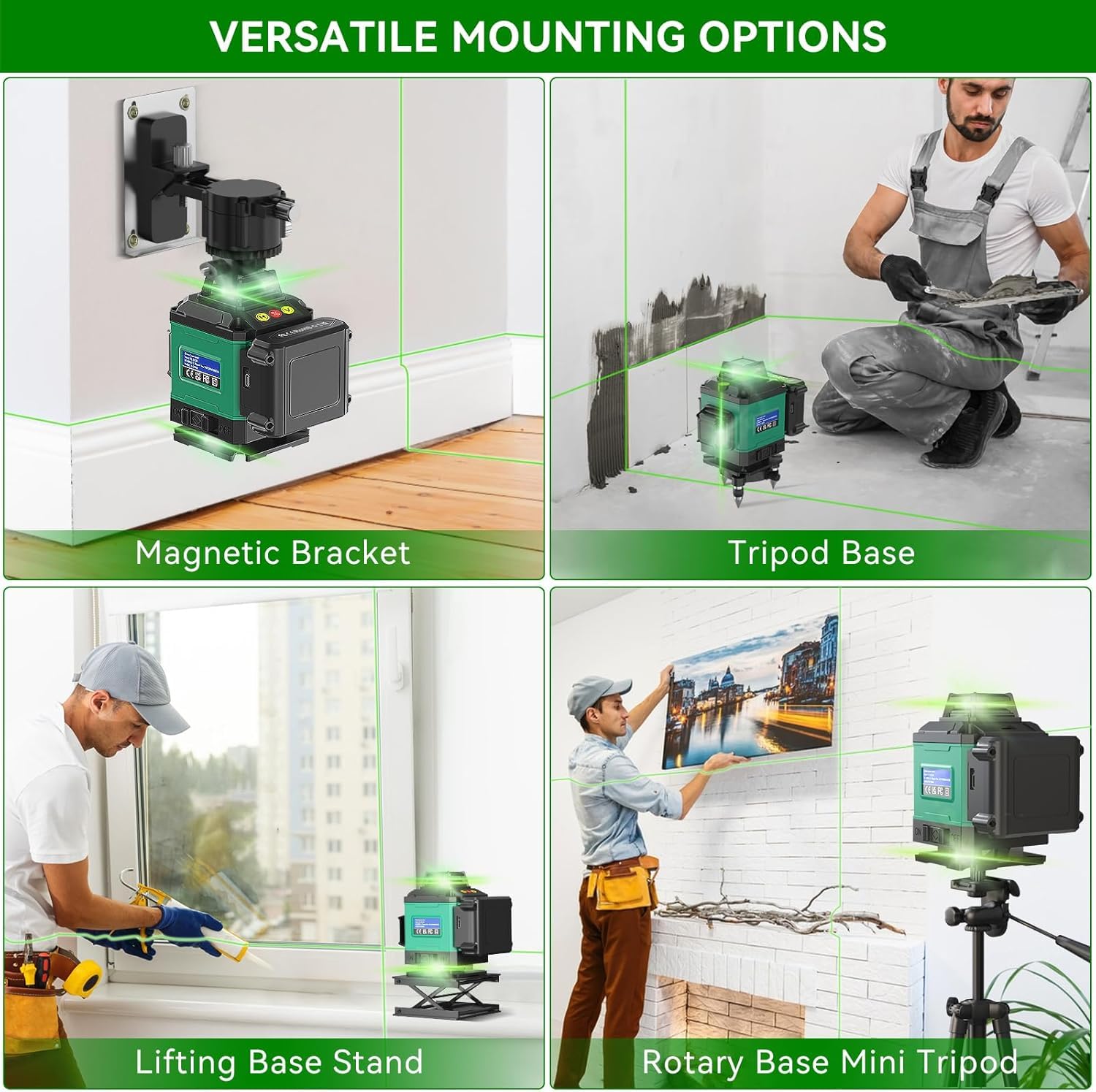 Laser Lever with Tripod, Healfith 4 x 360° 16 Lines Self Leveling Laser Level Green Lazer Level for Construction, Tile, Home Renovation, Picture Hanging