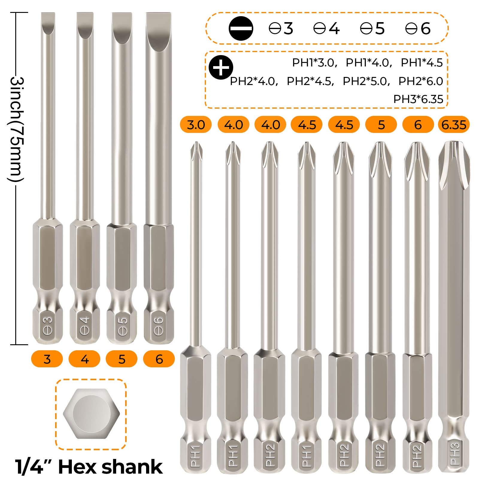Hakkin 12PC Screwdriver Bits Set - S2 Steel, Magnetic, 3 Inch Slotted & Phillips, 1/4" Hex Shank for Power Screwdriver, Drill, Impact Driver