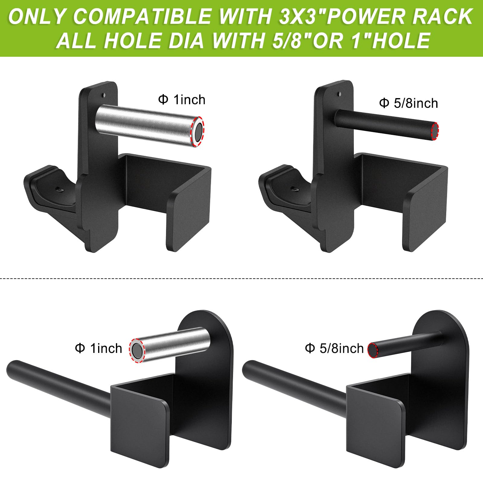 Kipika J-Hooks and Weight Plate Holder Set for 3" x 3" Power Rack with 5/8" or 1" Hole - Squat Rack Attachments for Strength Training and Weight