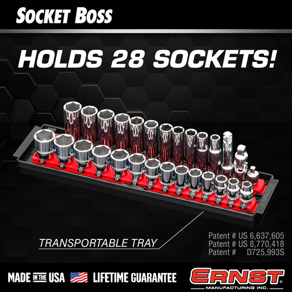 Ernst Manufacturing - 8453 Socket Boss 2-Rail 3/8-Inch-Drive Socket Organizer, 19-Inch, Red - Socket Storage Tray and Organization System for Mechanics and Automotive Service Technicians