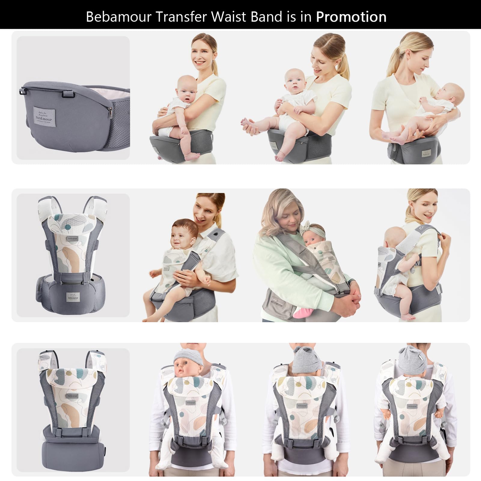 Bebamour Baby Carrier Newborn to Toddler Baby Carrier Hipseat 0-36Months with Head Hood, 3 PCS Teething Pads, Waist Extender, Grey
