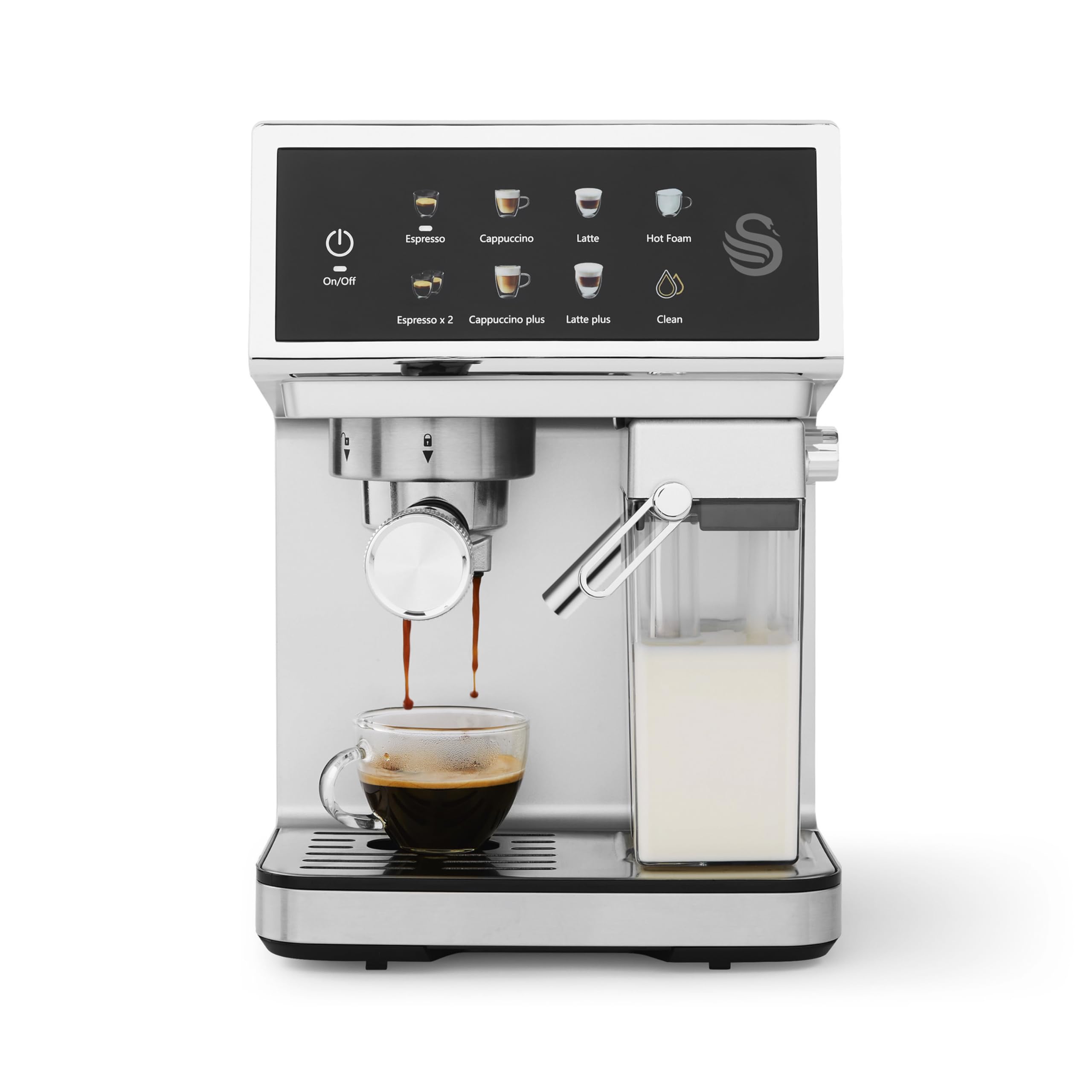 Swan SK22154 Pump Espresso Digital Coffee Machine, Digital Touch Controls with 8 Pre-Sets, 20 Bar Pressure, Built-in Automatic Milk Frother with 500ml Tank, Black