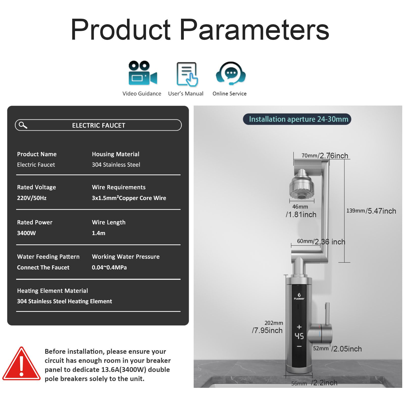 Electric Hot Water Tap for Bathroom, Instant Hot Water Heated Tap for Kitchen, Stainless Steel Water Heater Tap Supply Hot and Cold Water Faucet with Digital Display (Mechanical Spout)