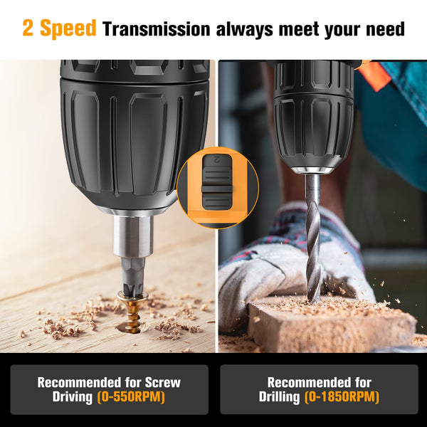 JYGMPRO Cordless Drill Driver 21V, Hammer Drill with 2 Batteries 2000mAh, 25+3 Torque, 42N.m Max Electric Drill, 30PCS Drill Bits, 2 Speed, LED Light for Home and Garden DIY Project