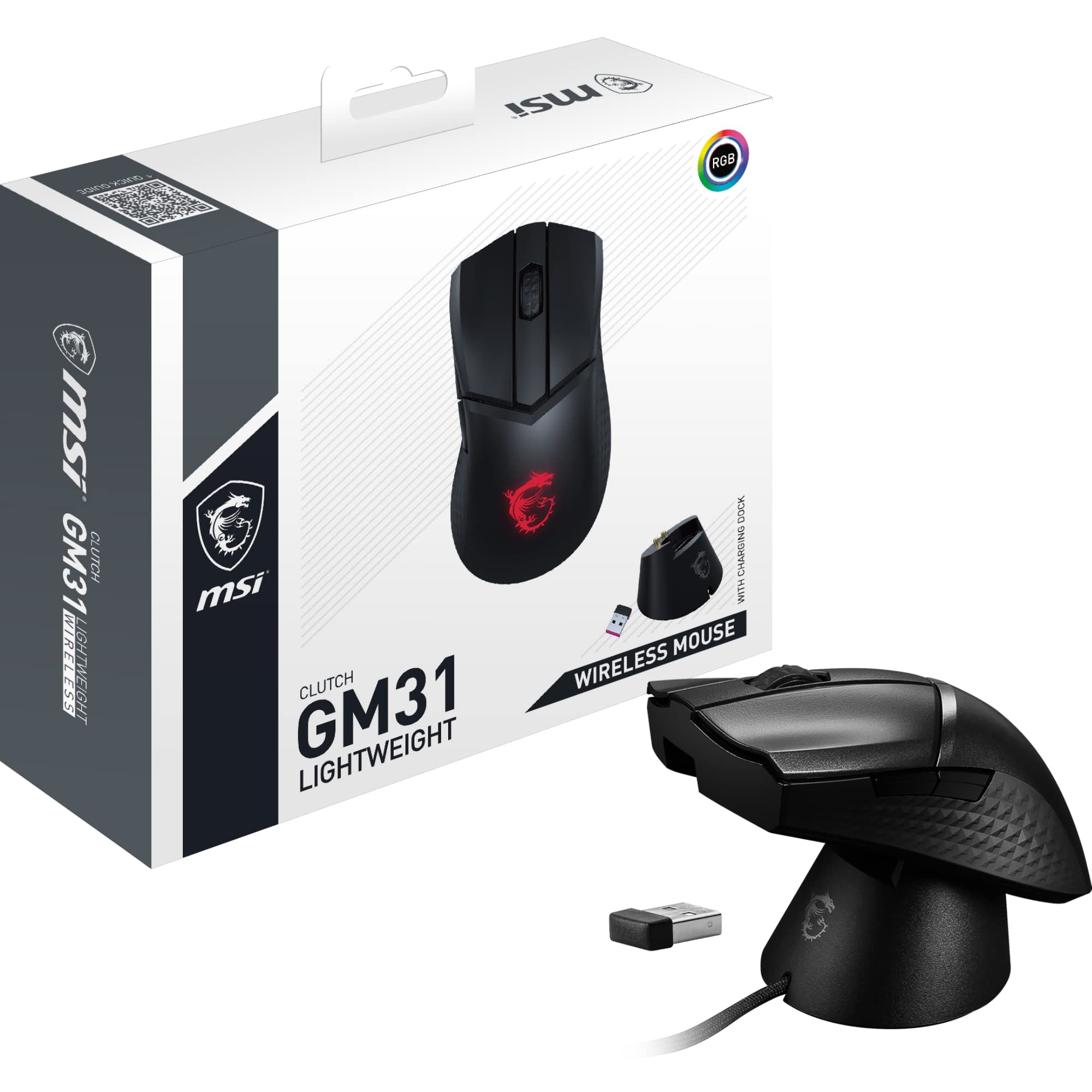 MSI CLUTCH GM51 LIGHTWEIGHT Gaming Mouse - 26000 DPI Optical Sensor, Elite 0.125ms Latency, 60M+ Click OMRON Switches, 6-Buttons, FriXionFree Cable, RGB Diamond LightGrips, 75g - Wired