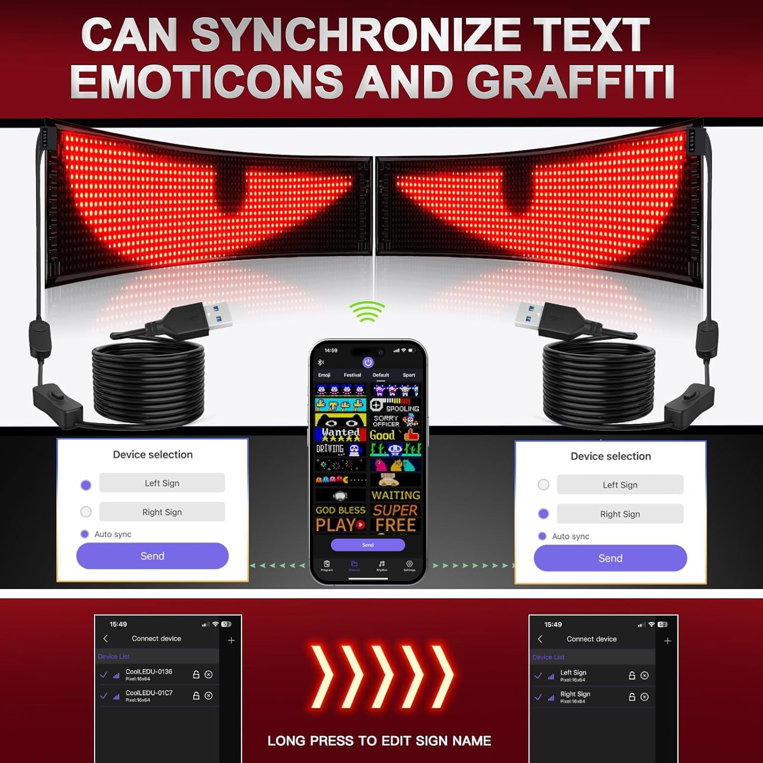 Qnoavve Bluetooth App Control LED Sign, 14.6"x3.6" Devil Eyes Car Lights, Flexible USB 5V LED Car Sign, Programmable Customizable Display Panel, Scrolling Message Board for Store Bar Hotel Party