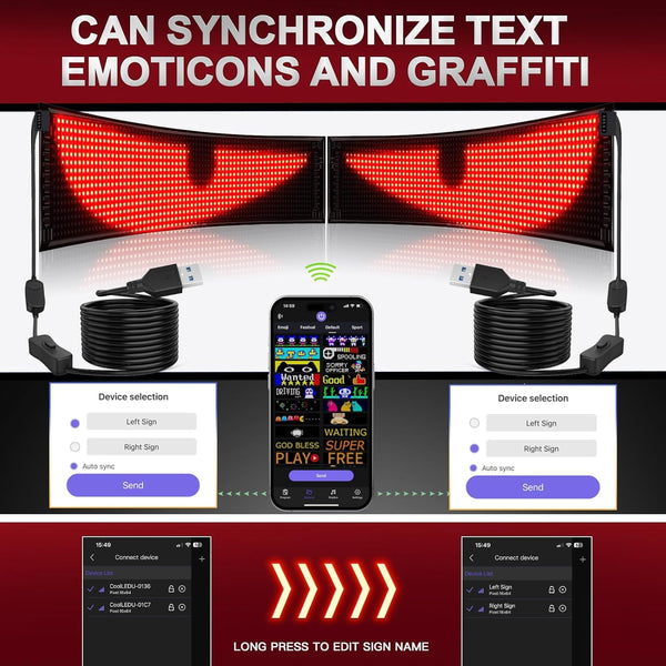 Qnoavve Bluetooth App Control LED Sign, 14.6"x3.6" Devil Eyes Car Lights, Flexible USB 5V LED Car Sign, Programmable Customizable Display Panel, Scrolling Message Board for Store Bar Hotel Party