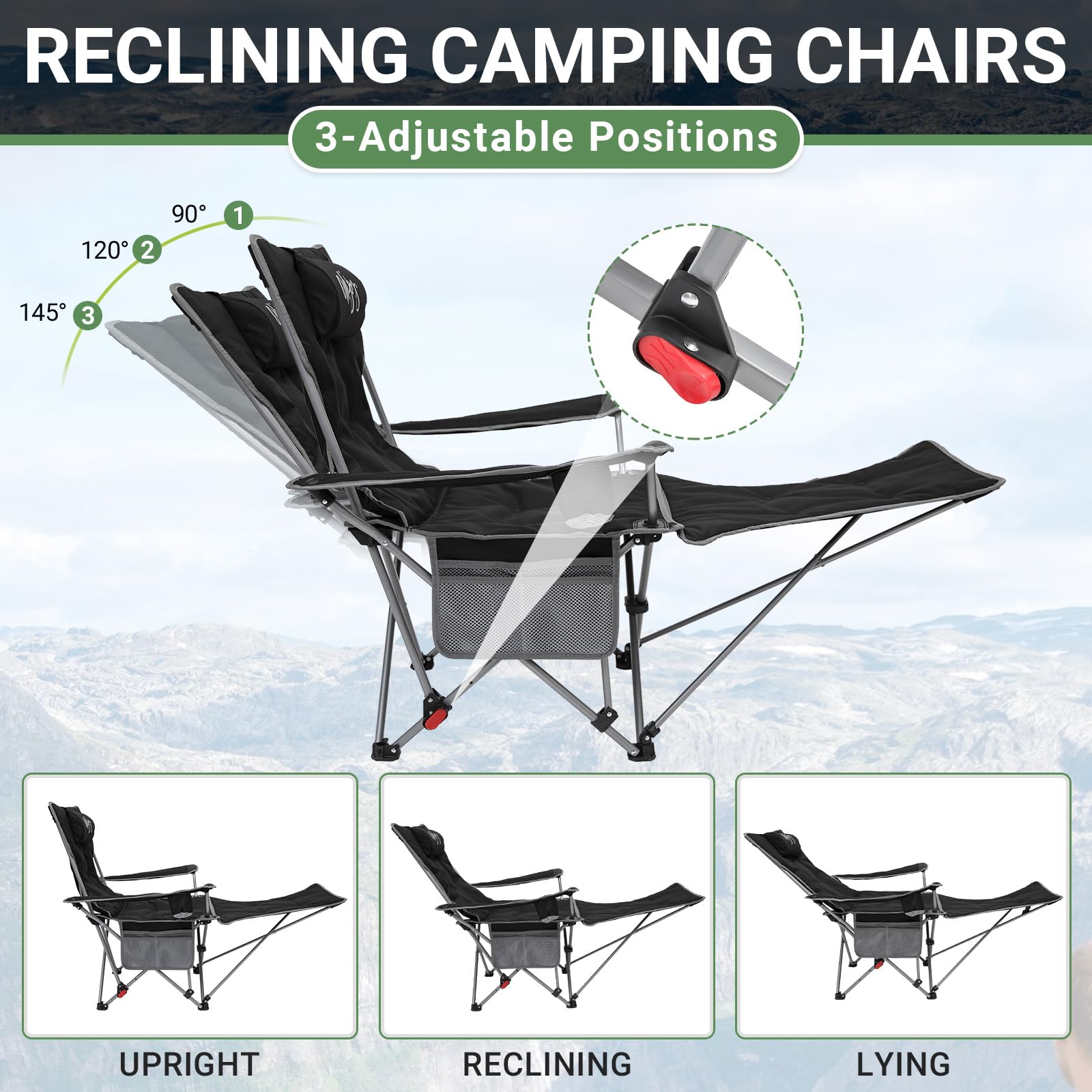 #WEJOY Camping Chairs Folding Recliner Chair Adjustable with Detachable Footrest Headrest Cup Holder Lightweight Portable Reclining Camp Chair Fold Up Chair for Outdoor Beach Garden, Cyan Set of 2