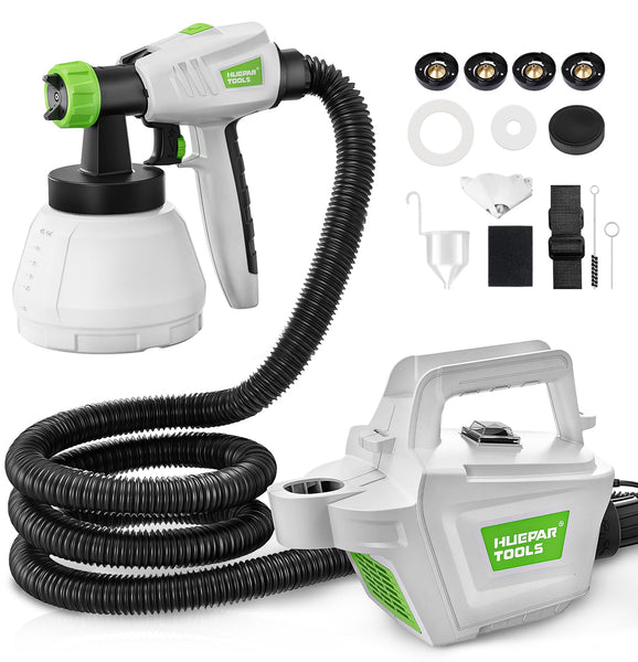 Fence Paint Sprayer 800W, Huepar Tools Electric HVLP Paint Spray Gun, 4 Nozzles, 9.84ft Hose, 3 Patterns, Adjustable Spray, 1300ML Detachable Container, Electric Spray Gun for Indoor & Outdoor