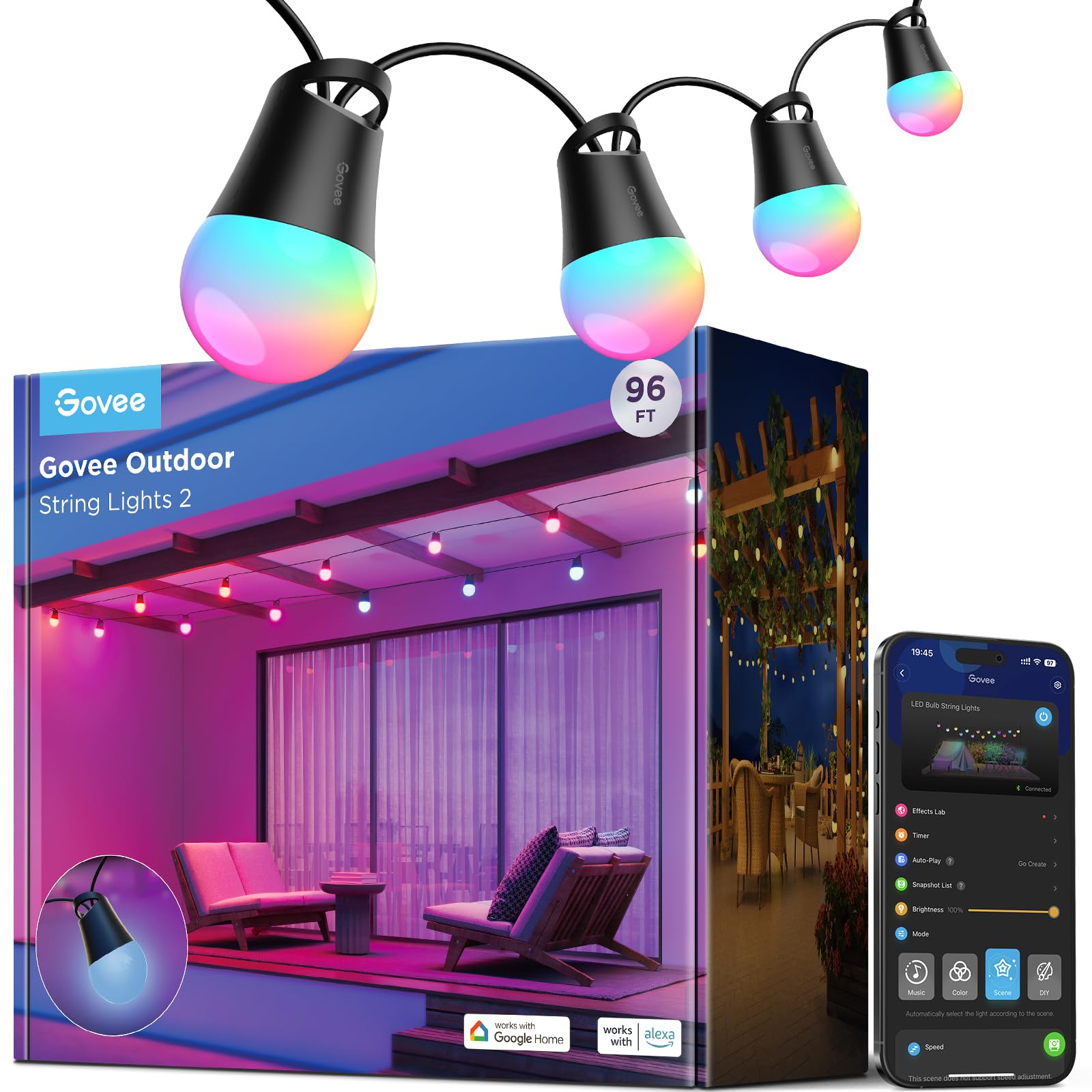 Govee Outdoor Smart String Lights 2, 30M Dimmable RGBICW Outdoor Lights with 16 Million Color and 47 Scene Modes, 100lm per LED Last for 25,000h, IP65 Waterproof, Works with Alexa, Google Assistant