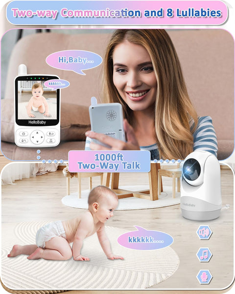 HelloBaby Baby Monitor, Upgrade Video Baby Monitor with Camera and Night Vision, 960p, No WiFi for Privacy, ECO Mode,Digital 2X Zoom,Alarm Function