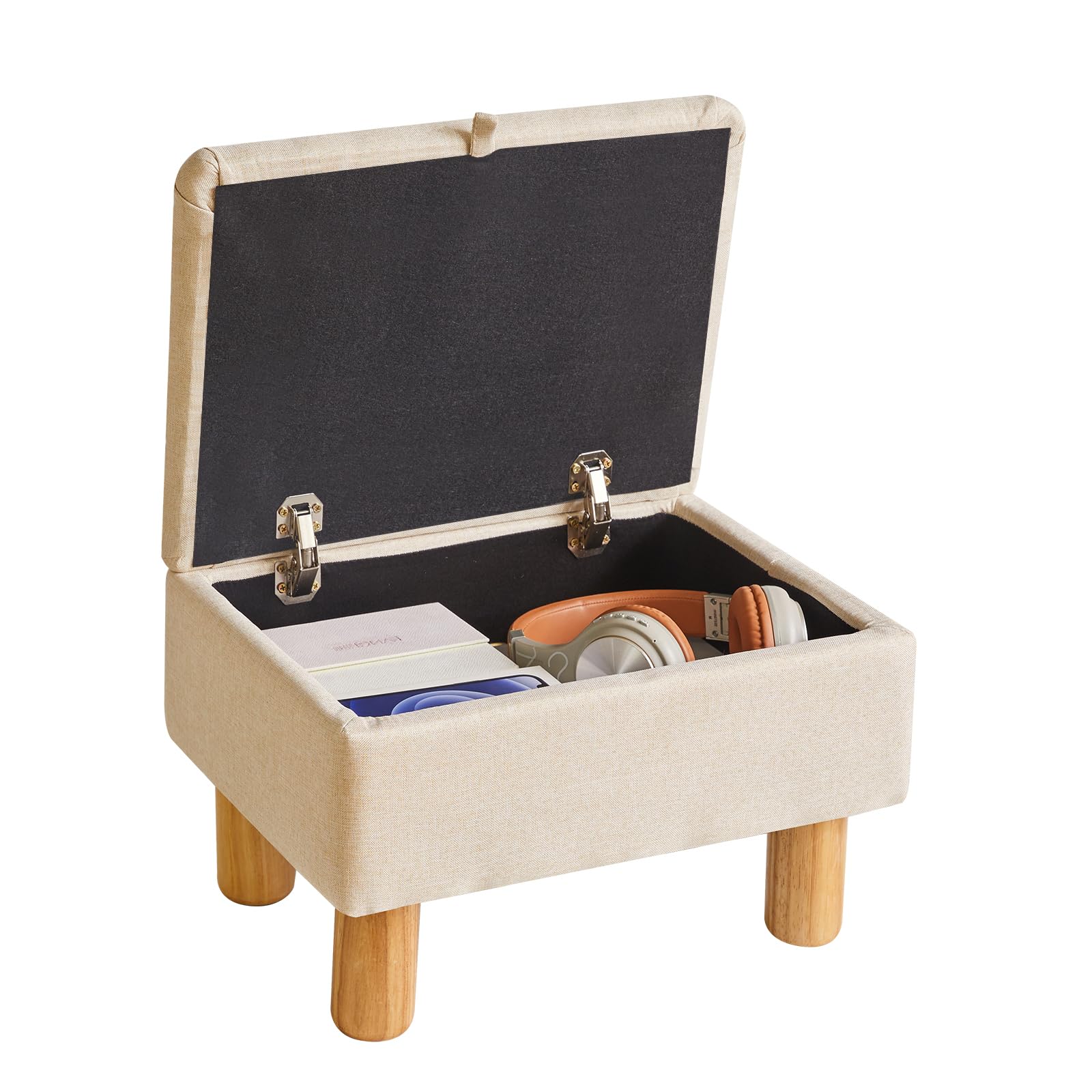 Aibiju Footstool with Storage, Small Ottoman Footstool, Fabric Footstool with Wooden Legs for Living Room Bedroom Entryway,Beige, YD-JD1361