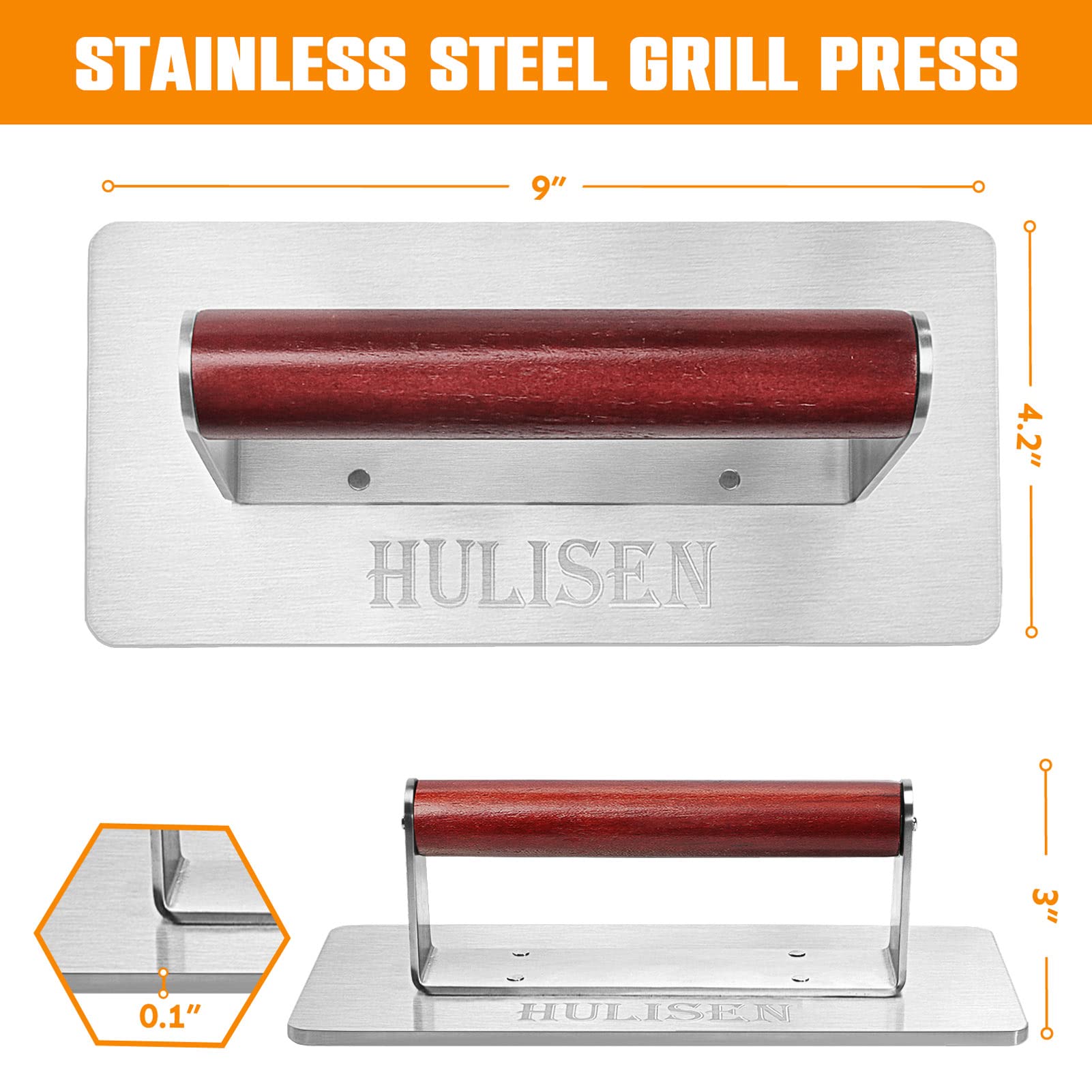 HULISEN 8.5-Inch Burger Press, 2.5 lbs Heavy Duty Bacon & Grill Press, Stainless Steel Smashed Burger Press, Round Smasher with Wood Handle, BBQ Griddle Accessories for Hamburger, Steak, Meat…
